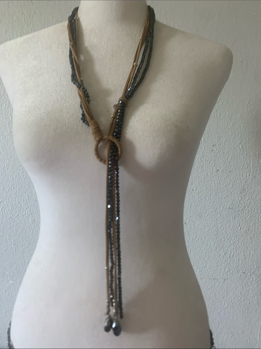 Chico's Brown Leather and Gray Beaded Lariat Necklace
